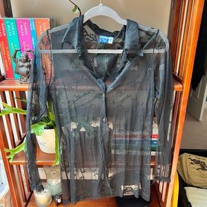 Y2K Mesh Floral Embroidered Black Top